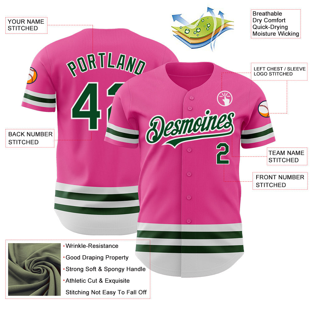 Custom Pink Green-White Line Authentic Baseball Jersey view 3