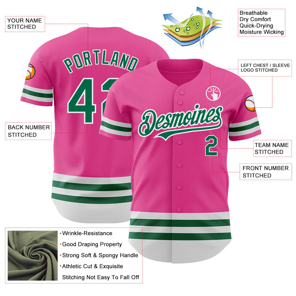 Custom Pink Kelly Green-White Line Authentic Baseball Jersey view 3