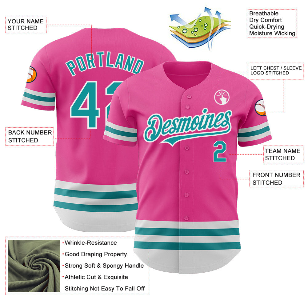 Custom Pink Teal-White Line Authentic Baseball Jersey view 3