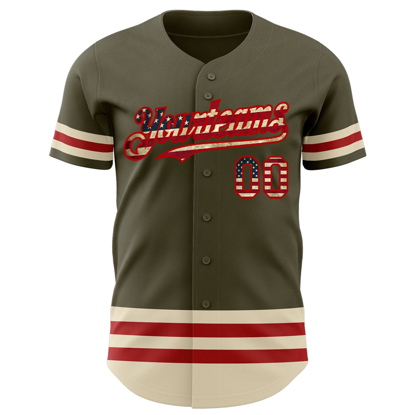 Custom Olive Vintage USA Flag Red-Cream Line Authentic Salute To Service Baseball Jersey view 3
