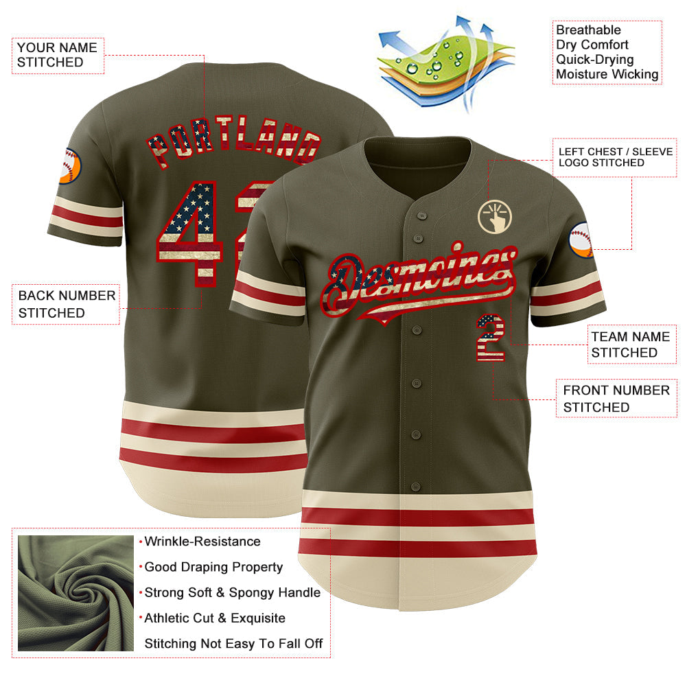 Custom Olive Vintage USA Flag Red-Cream Line Authentic Salute To Service Baseball Jersey view 4