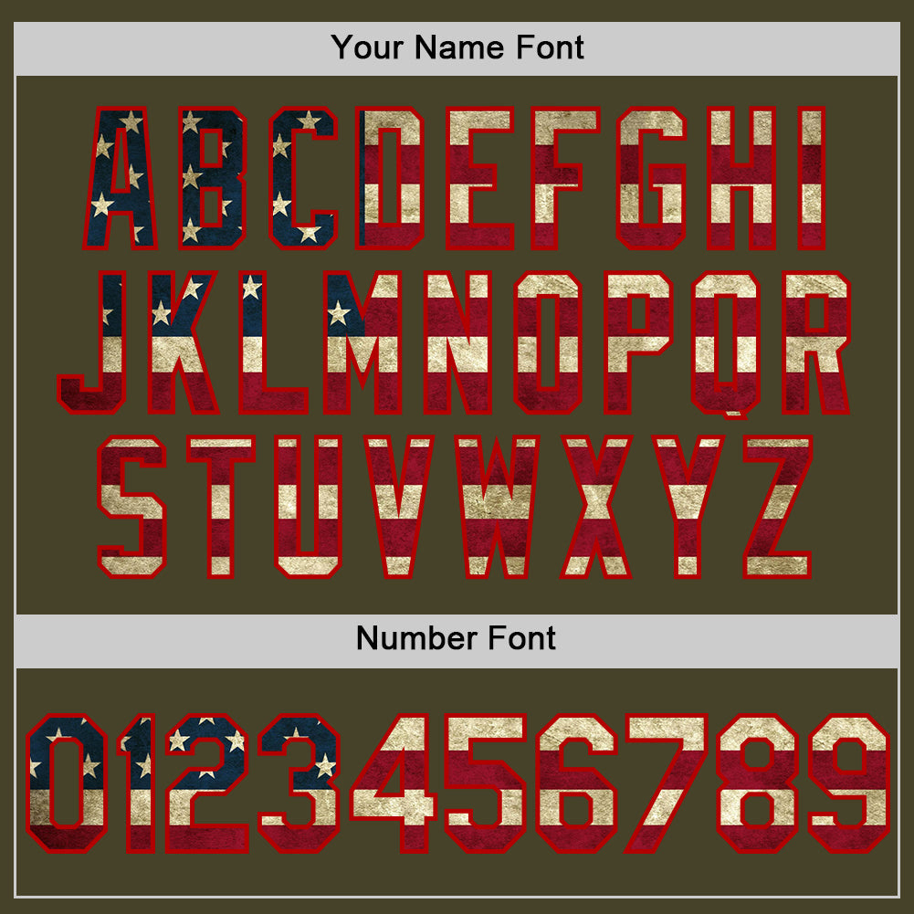 Custom Olive Vintage USA Flag Red-Cream Line Authentic Salute To Service Baseball Jersey view 6