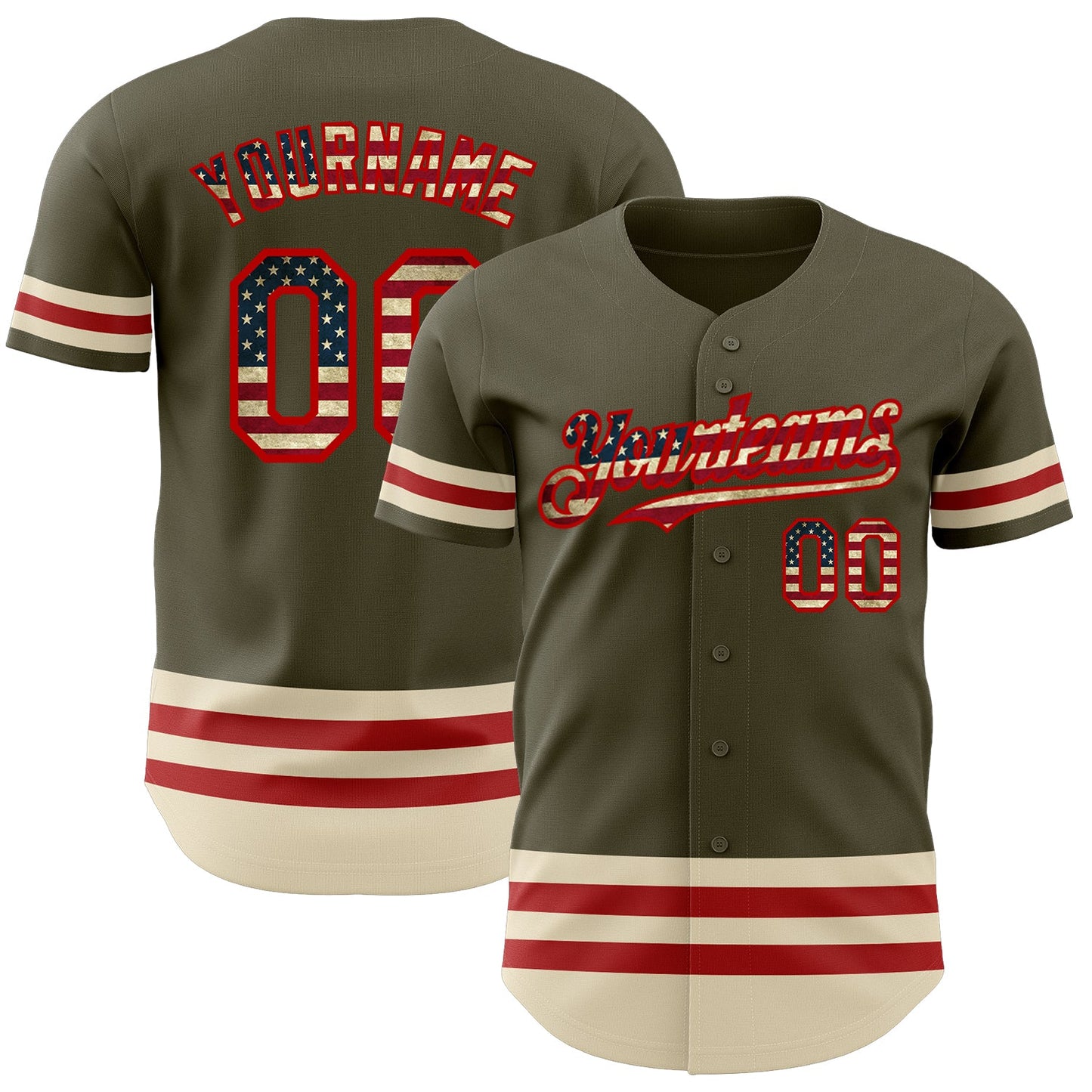 Custom Olive Vintage USA Flag Red-Cream Line Authentic Salute To Service Baseball Jersey - Main View