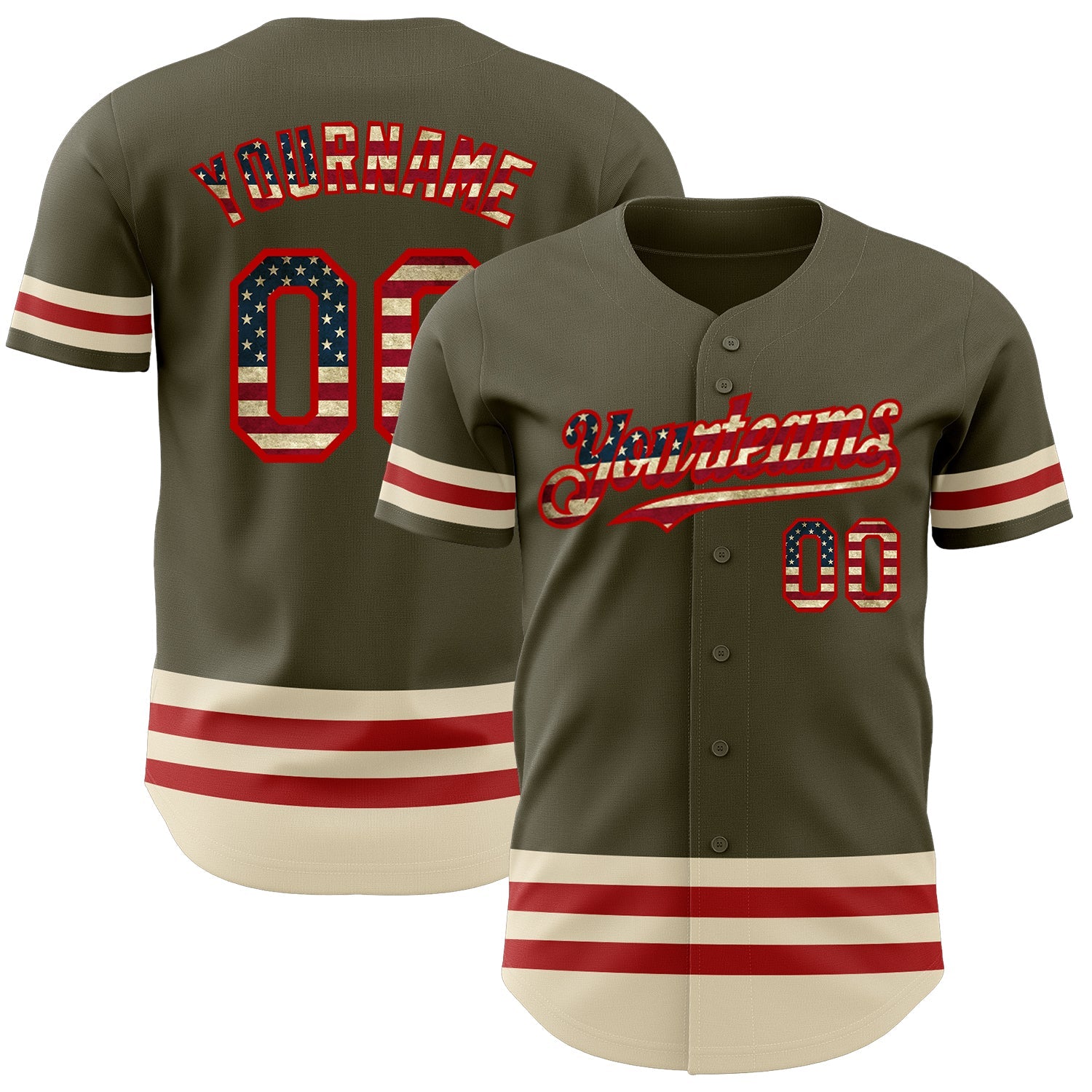 Custom Olive Vintage USA Flag Red-Cream Line Authentic Salute To Service Baseball Jersey - Main View