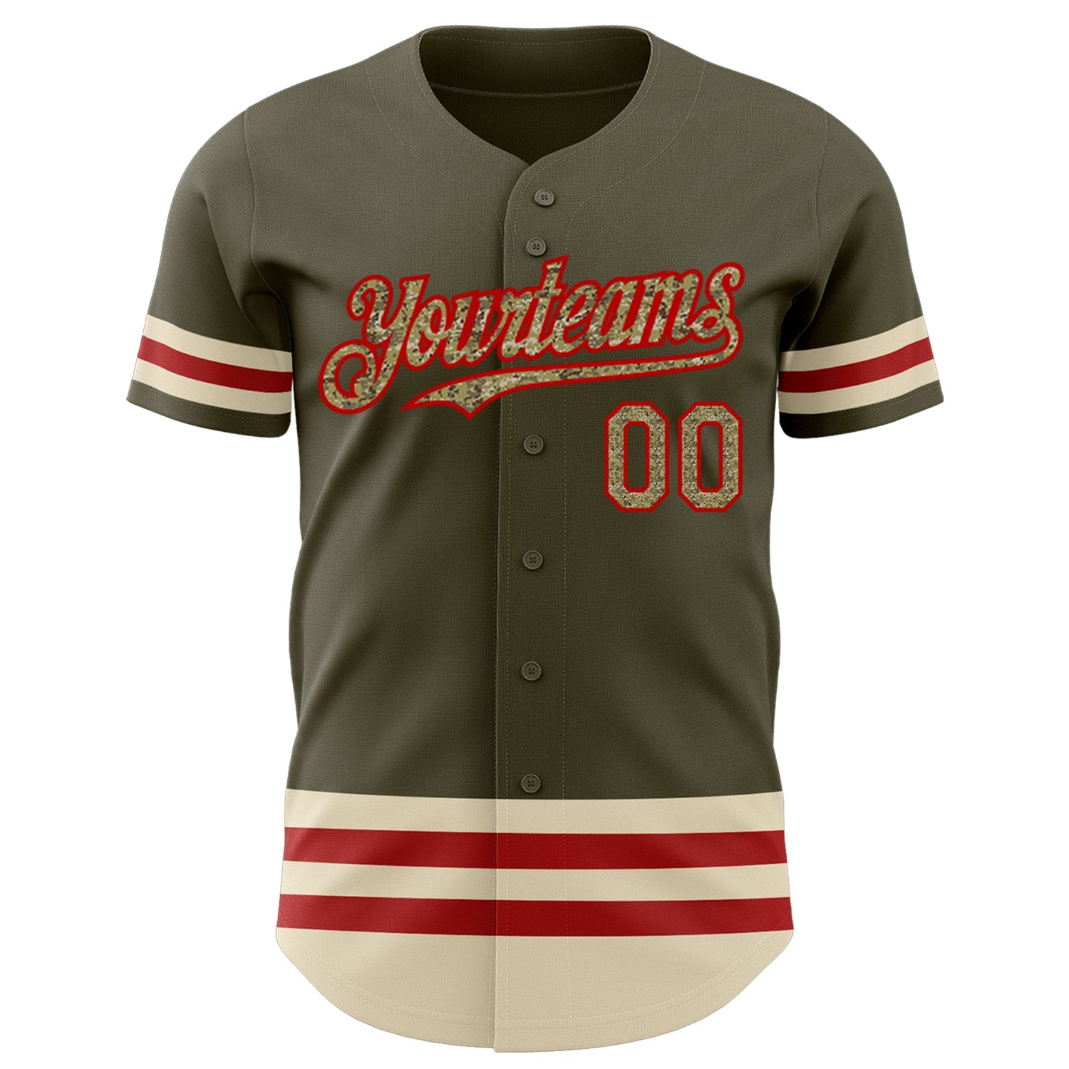Custom Olive Camo Red-Cream Line Authentic Salute To Service Baseball Jersey view 2