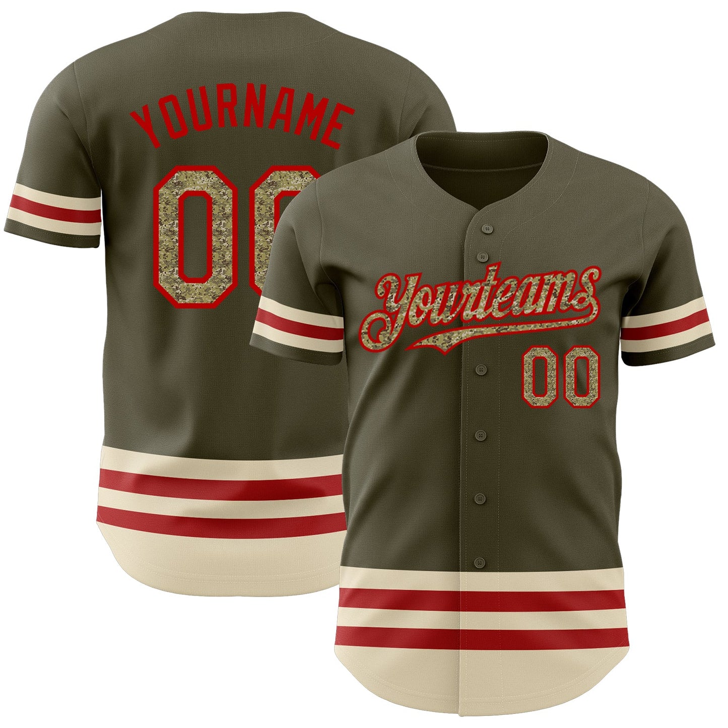 Custom Olive Camo Red-Cream Line Authentic Salute To Service Baseball Jersey - Main View
