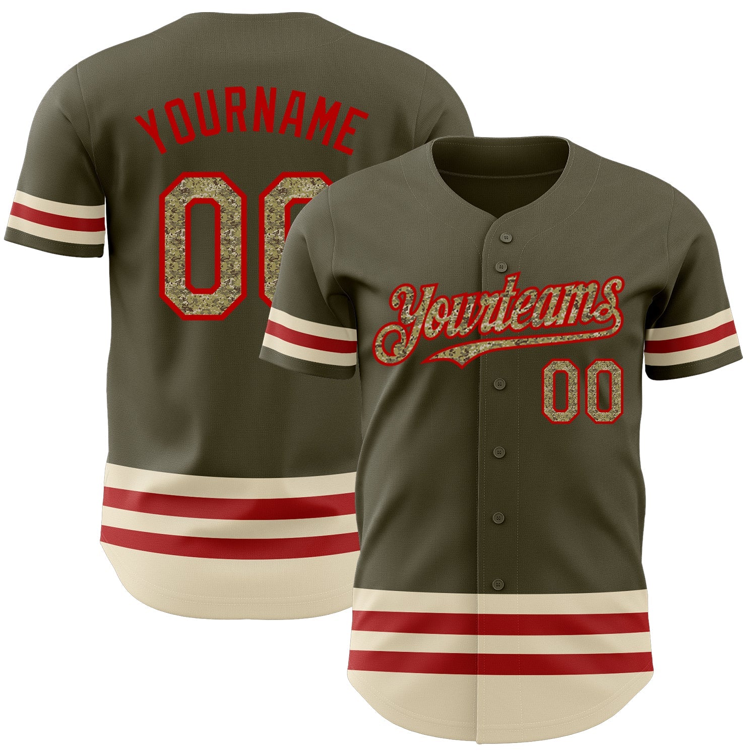 Custom Olive Camo Red-Cream Line Authentic Salute To Service Baseball Jersey - Main View