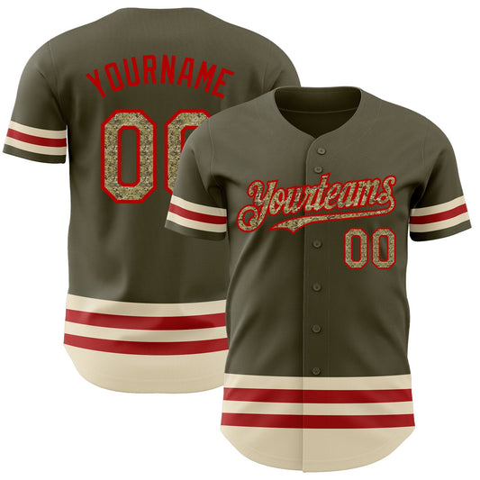 Custom Olive Camo Red-Cream Line Authentic Salute To Service Baseball Jersey - Main View