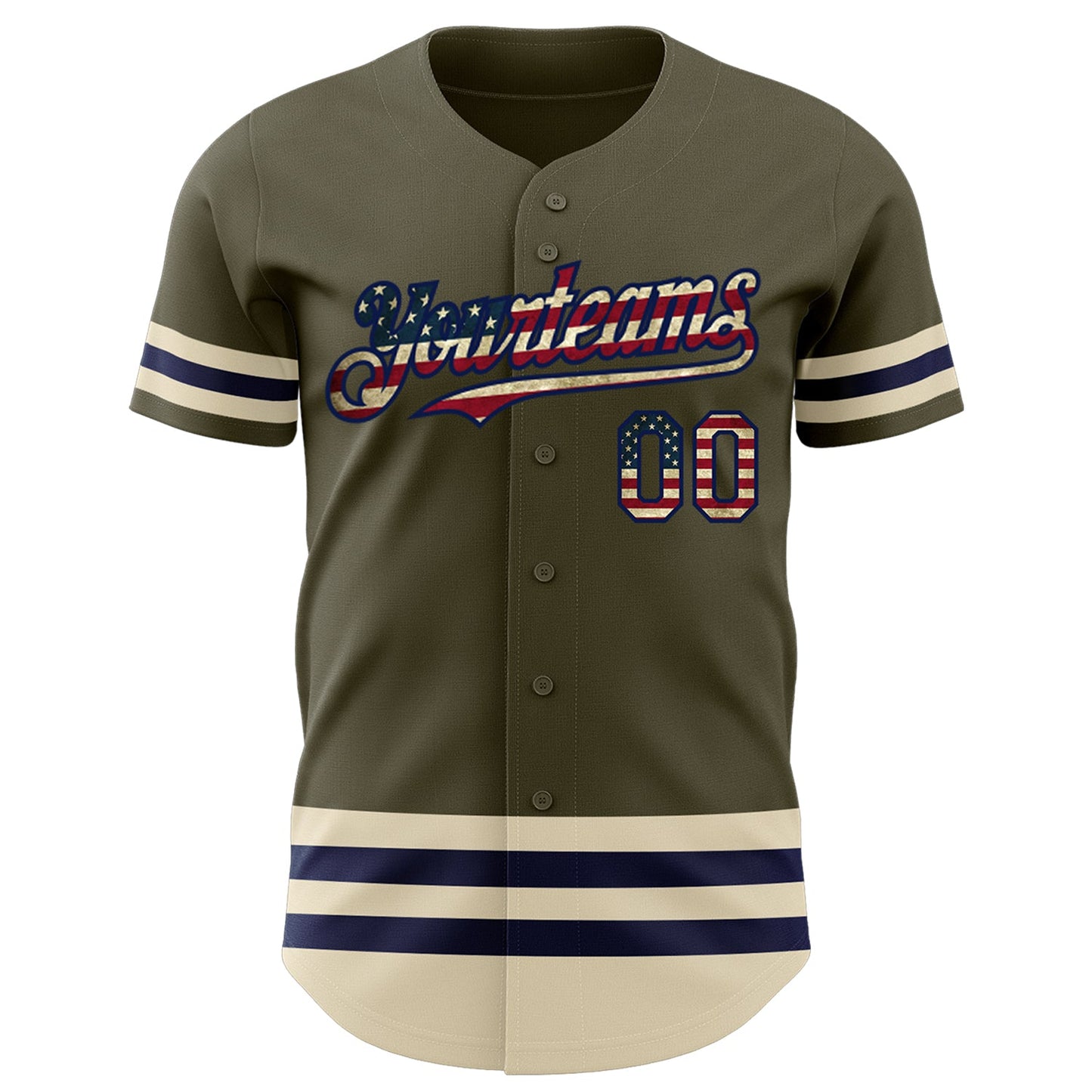 Custom Olive Vintage USA Flag Navy-Cream Line Authentic Salute To Service Baseball Jersey view 2