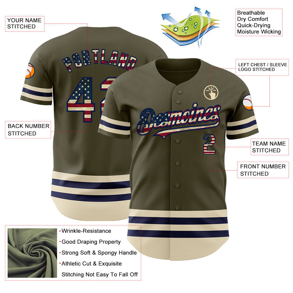 Custom Olive Vintage USA Flag Navy-Cream Line Authentic Salute To Service Baseball Jersey view 3