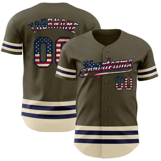 Custom Olive Vintage USA Flag Navy-Cream Line Authentic Salute To Service Baseball Jersey - Main View