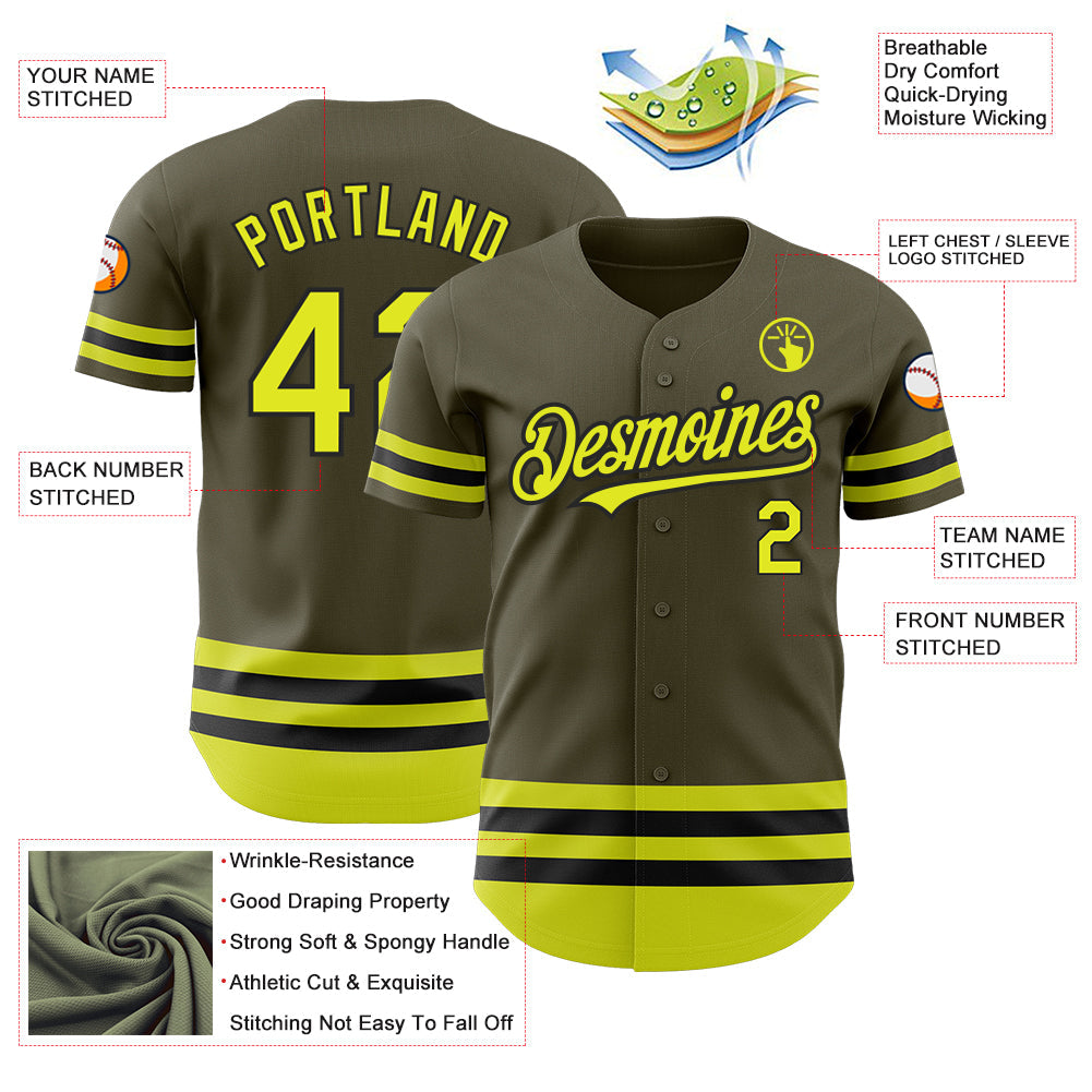 Custom Olive Neon Yellow-Black Line Authentic Salute To Service Baseball Jersey view 3
