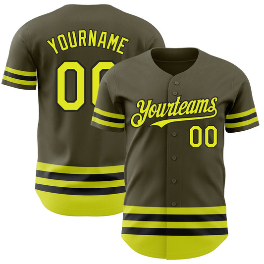 Custom Olive Neon Yellow-Black Line Authentic Salute To Service Baseball Jersey - Main View