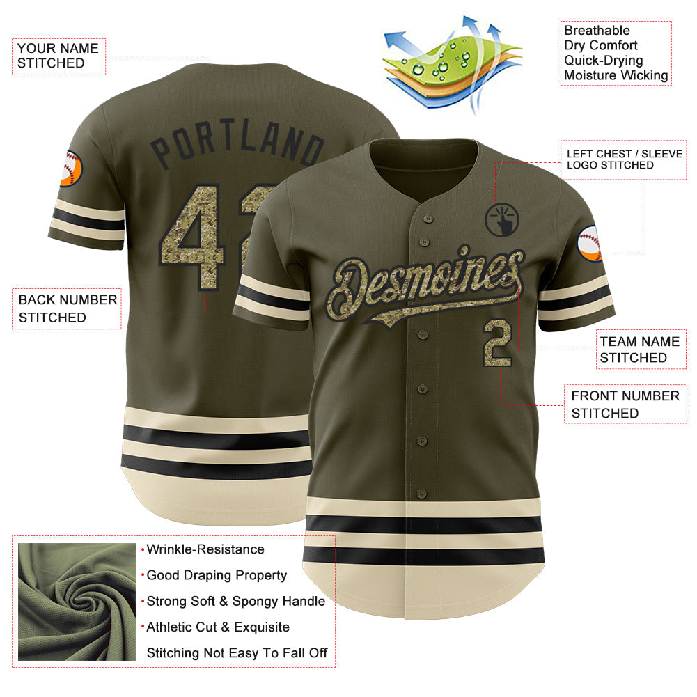 Custom Olive Camo Black-Cream Line Authentic Salute To Service Baseball Jersey view 3