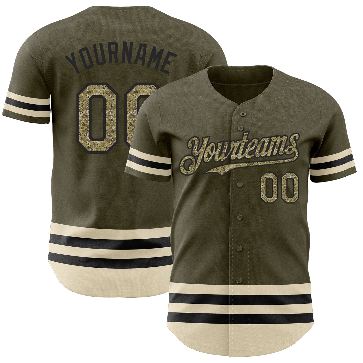 Custom Olive Camo Black-Cream Line Authentic Salute To Service Baseball Jersey - Main View