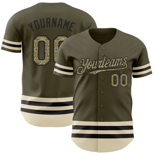 Custom Olive Camo Black-Cream Line Authentic Salute To Service Baseball Jersey - Main View