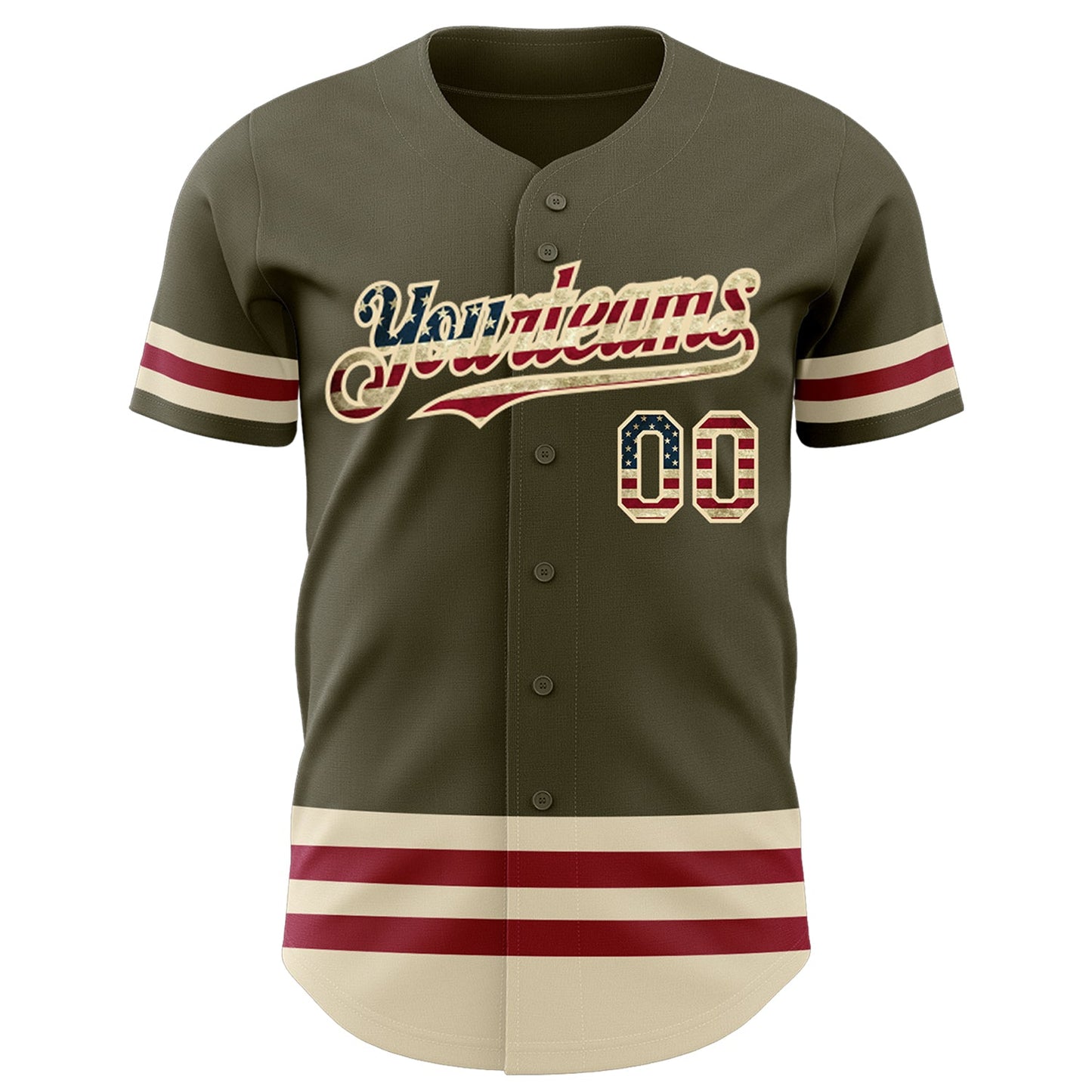 Custom Olive Vintage USA Flag Cream-Maroon Line Authentic Salute To Service Baseball Jersey view 2