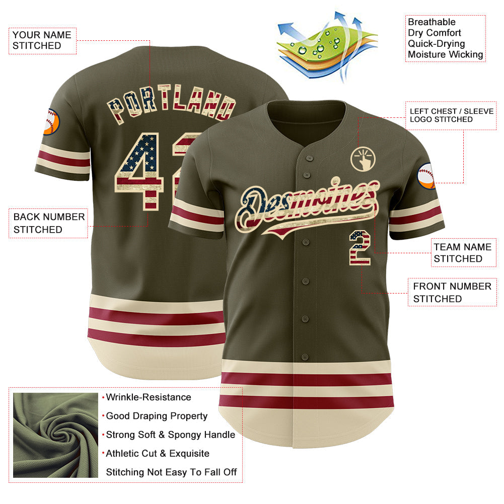 Custom Olive Vintage USA Flag Cream-Maroon Line Authentic Salute To Service Baseball Jersey view 3