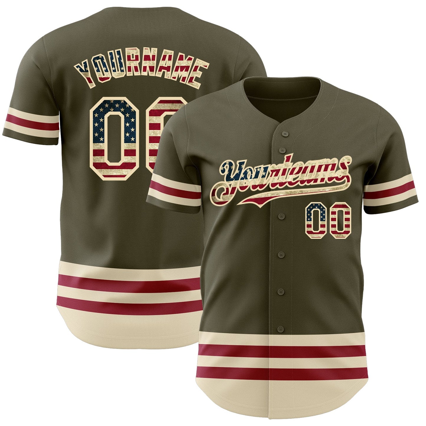 Custom Olive Vintage USA Flag Cream-Maroon Line Authentic Salute To Service Baseball Jersey - Main View