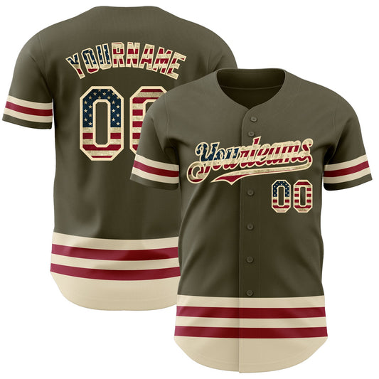 Custom Olive Vintage USA Flag Cream-Maroon Line Authentic Salute To Service Baseball Jersey - Main View