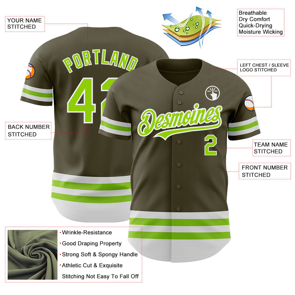 Custom Olive Neon Green-White Line Authentic Salute To Service Baseball Jersey view 3
