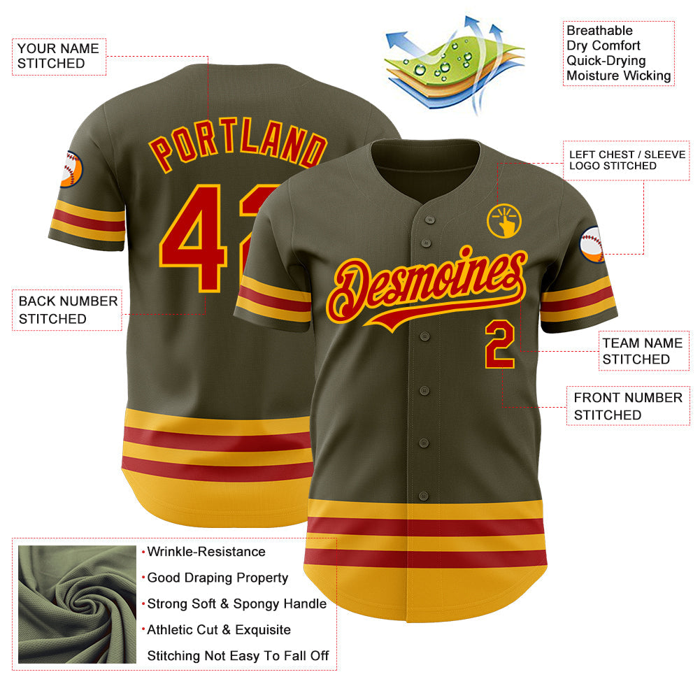 Custom Olive Red-Gold Line Authentic Salute To Service Baseball Jersey view 3