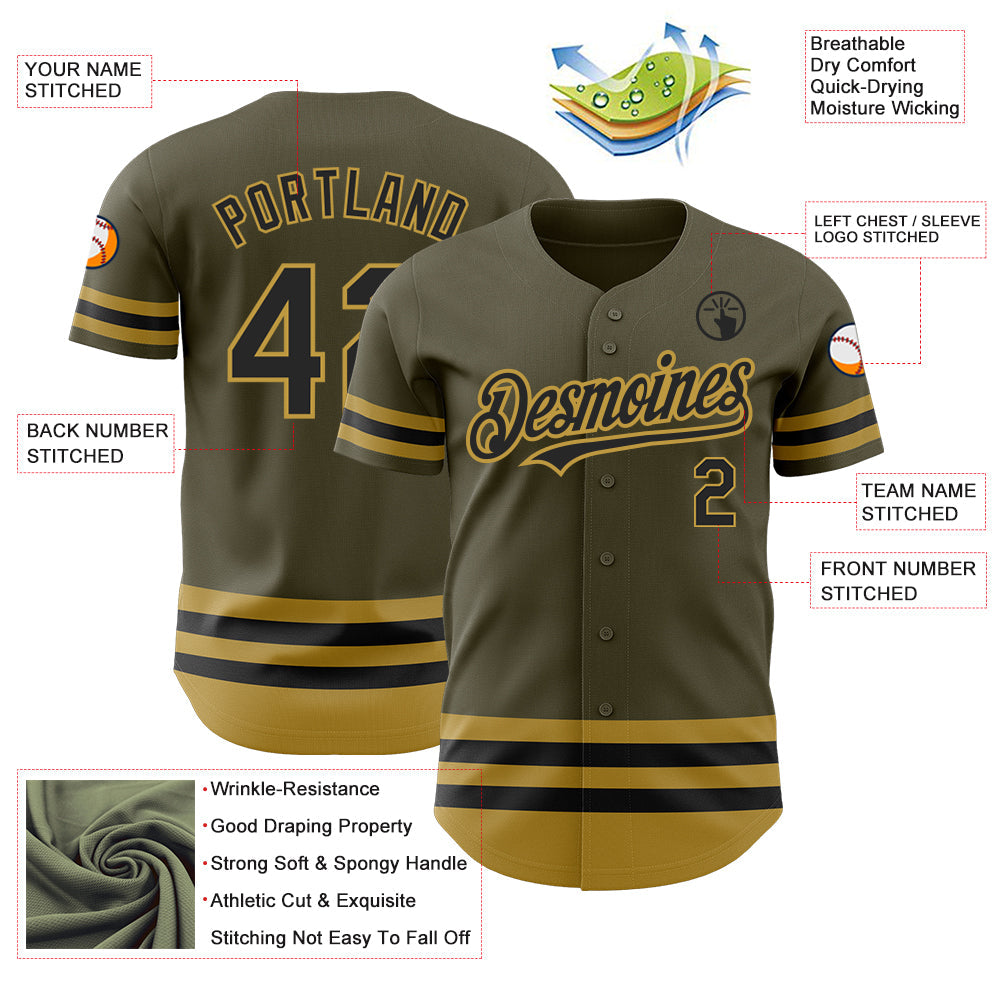 Custom Olive Black-Old Gold Line Authentic Salute To Service Baseball Jersey view 3