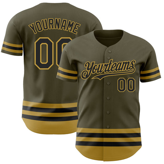 Custom Olive Black-Old Gold Line Authentic Salute To Service Baseball Jersey - Main View