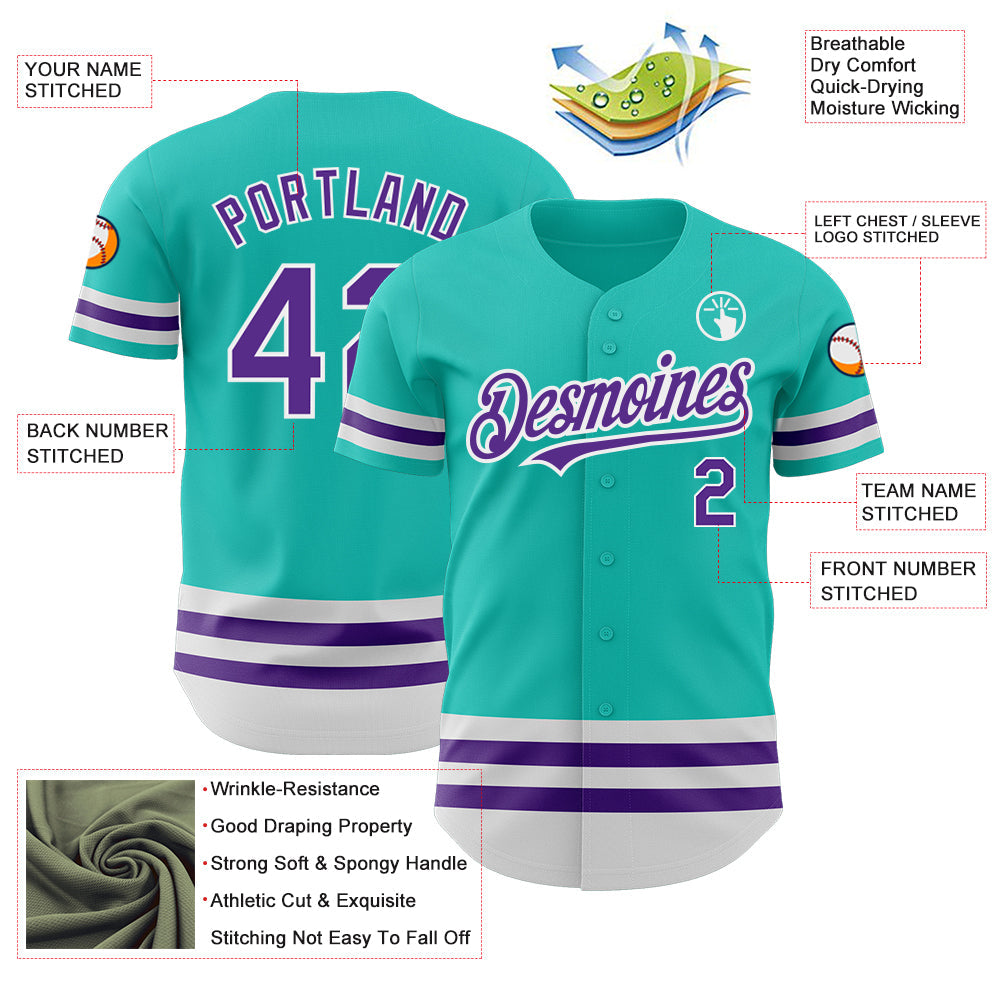 Custom Aqua Purple-White Line Authentic Baseball Jersey view 3