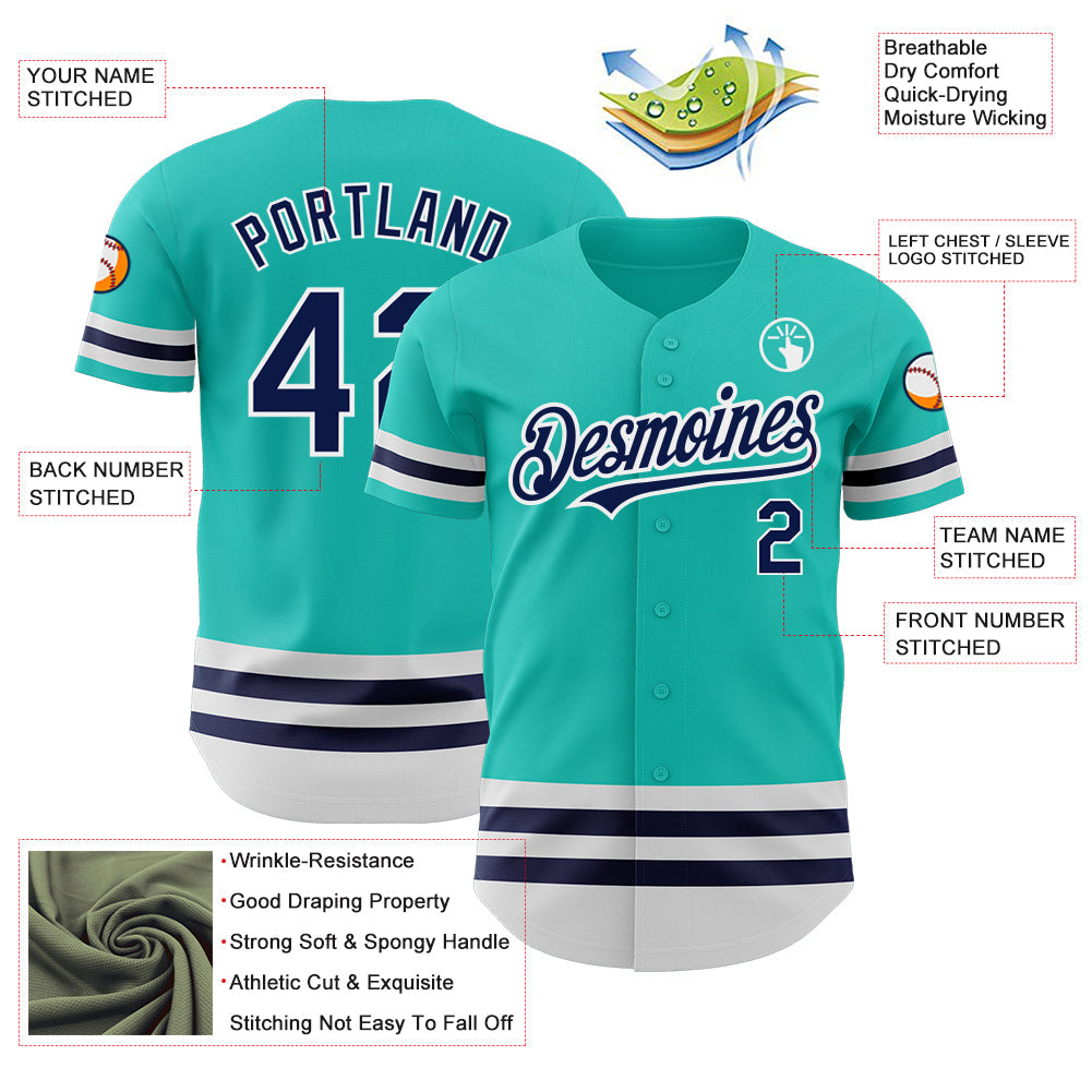 Custom Aqua Navy-White Line Authentic Baseball Jersey view 3