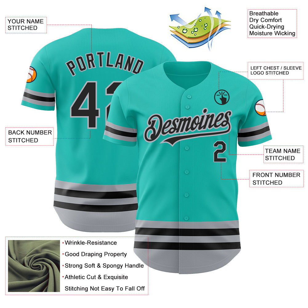 Custom Aqua Black-Gray Line Authentic Baseball Jersey view 3