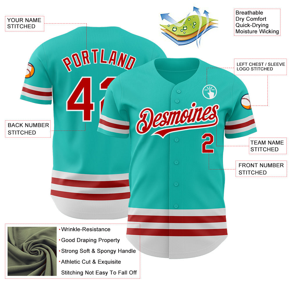 Custom Aqua Red-White Line Authentic Baseball Jersey view 3
