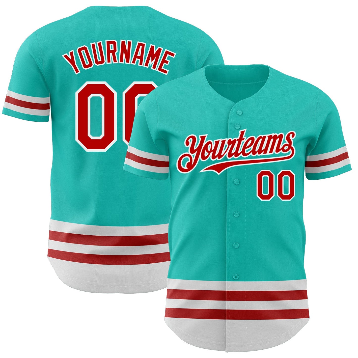 Custom Aqua Red-White Line Authentic Baseball Jersey - Main View
