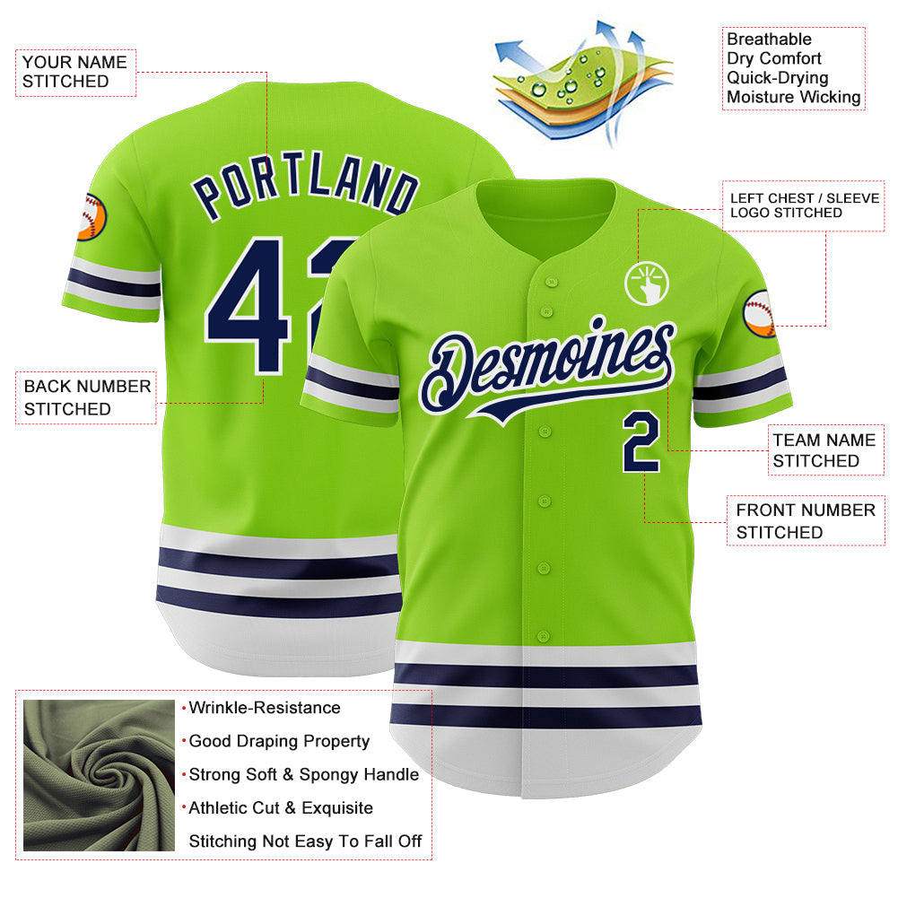 Custom Neon Green Navy-White Line Authentic Baseball Jersey view 3