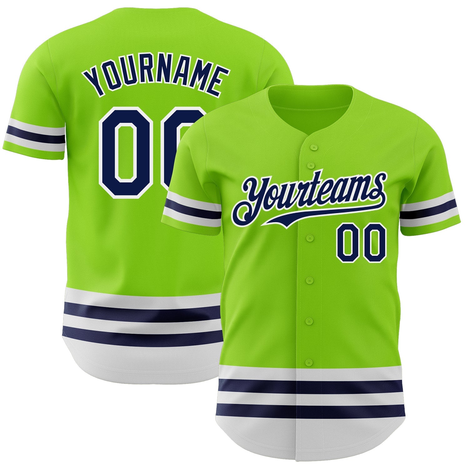 Custom Neon Green Navy-White Line Authentic Baseball Jersey - Main View