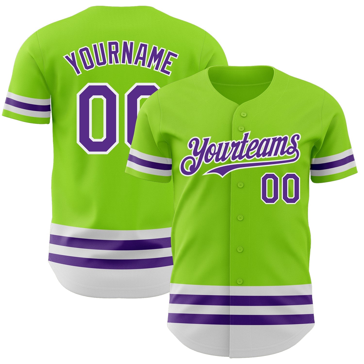Custom Neon Green Purple-White Line Authentic Baseball Jersey - Main View