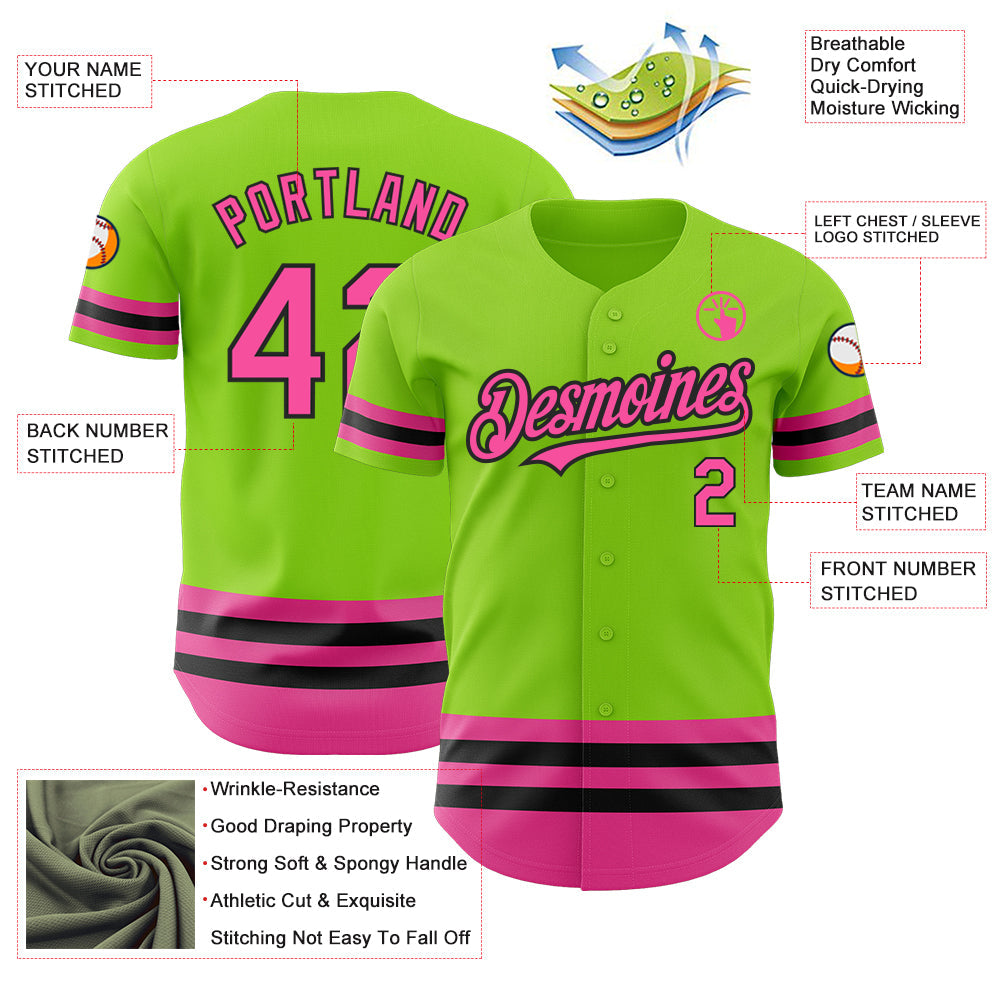 Custom Neon Green Pink-Black Line Authentic Baseball Jersey view 3