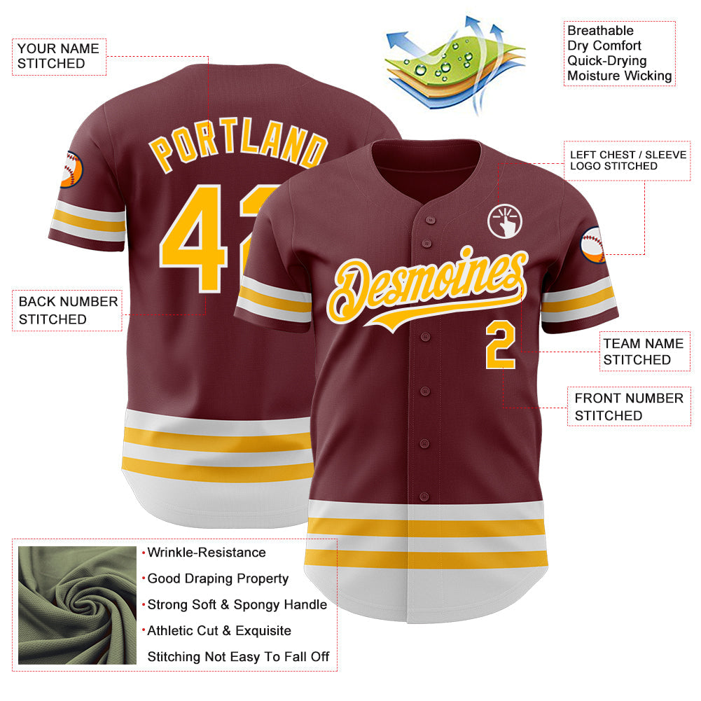 Custom Burgundy Gold-White Line Authentic Baseball Jersey view 3