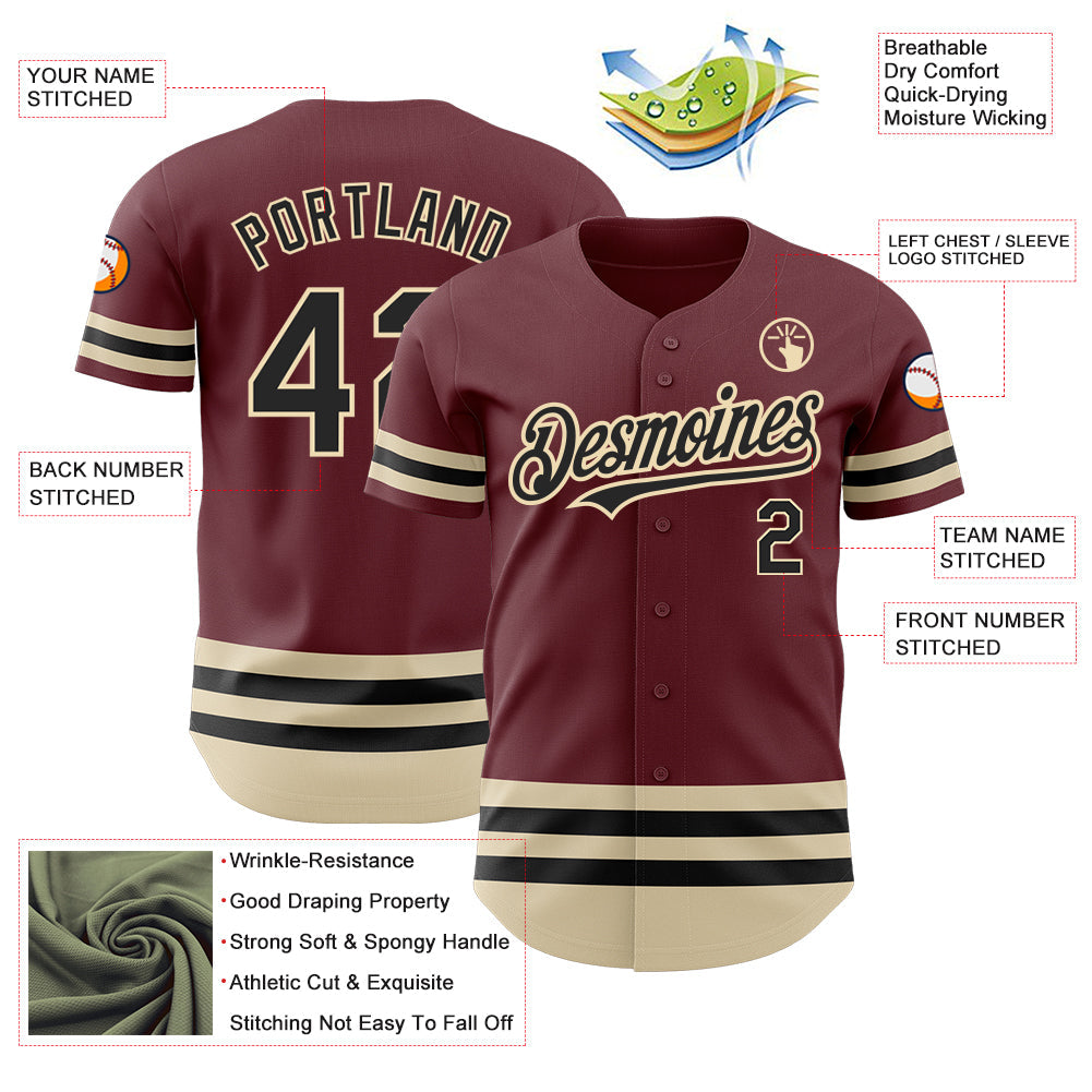 Custom Burgundy Black-Cream Line Authentic Baseball Jersey view 3
