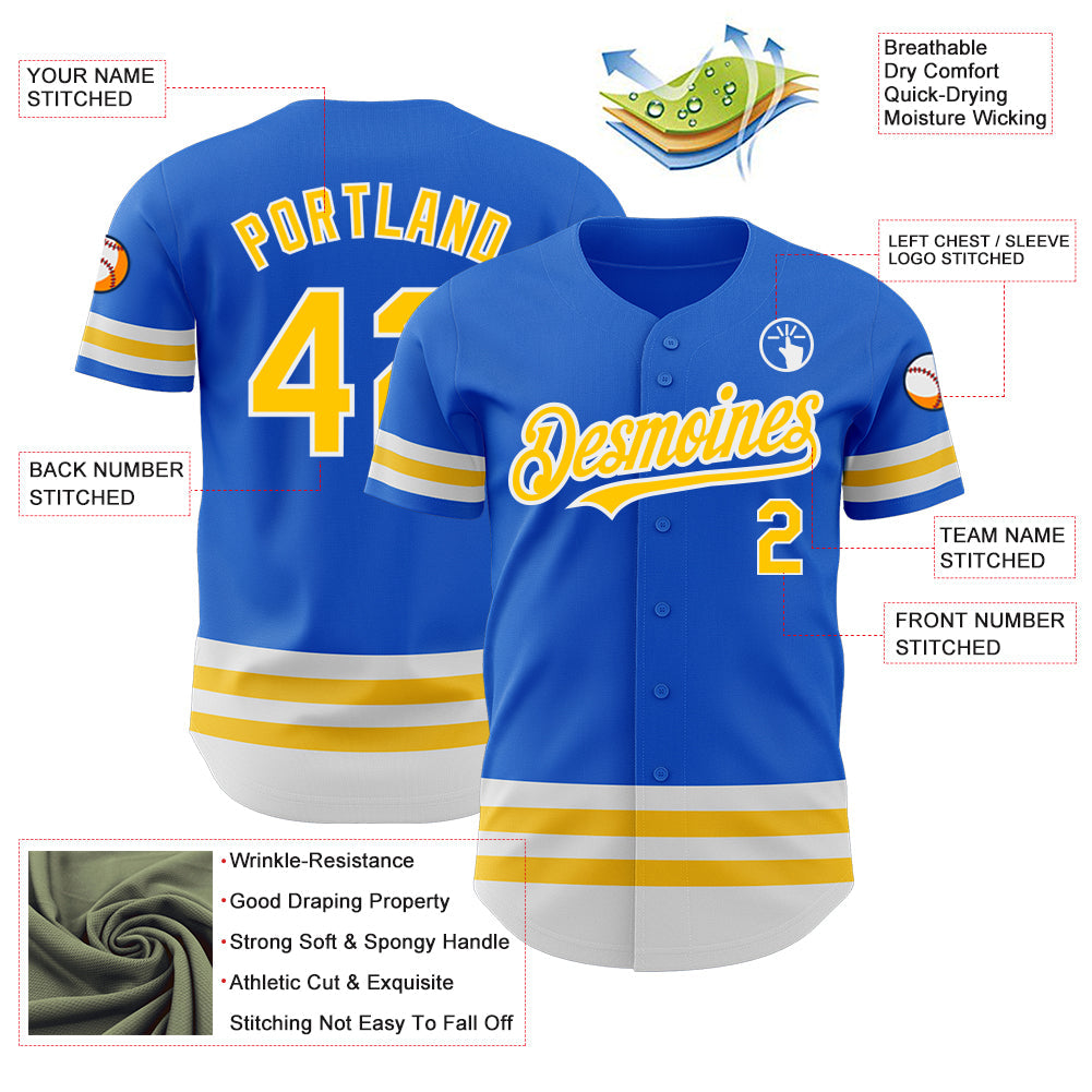 Custom Thunder Blue Yellow-White Line Authentic Baseball Jersey view 3