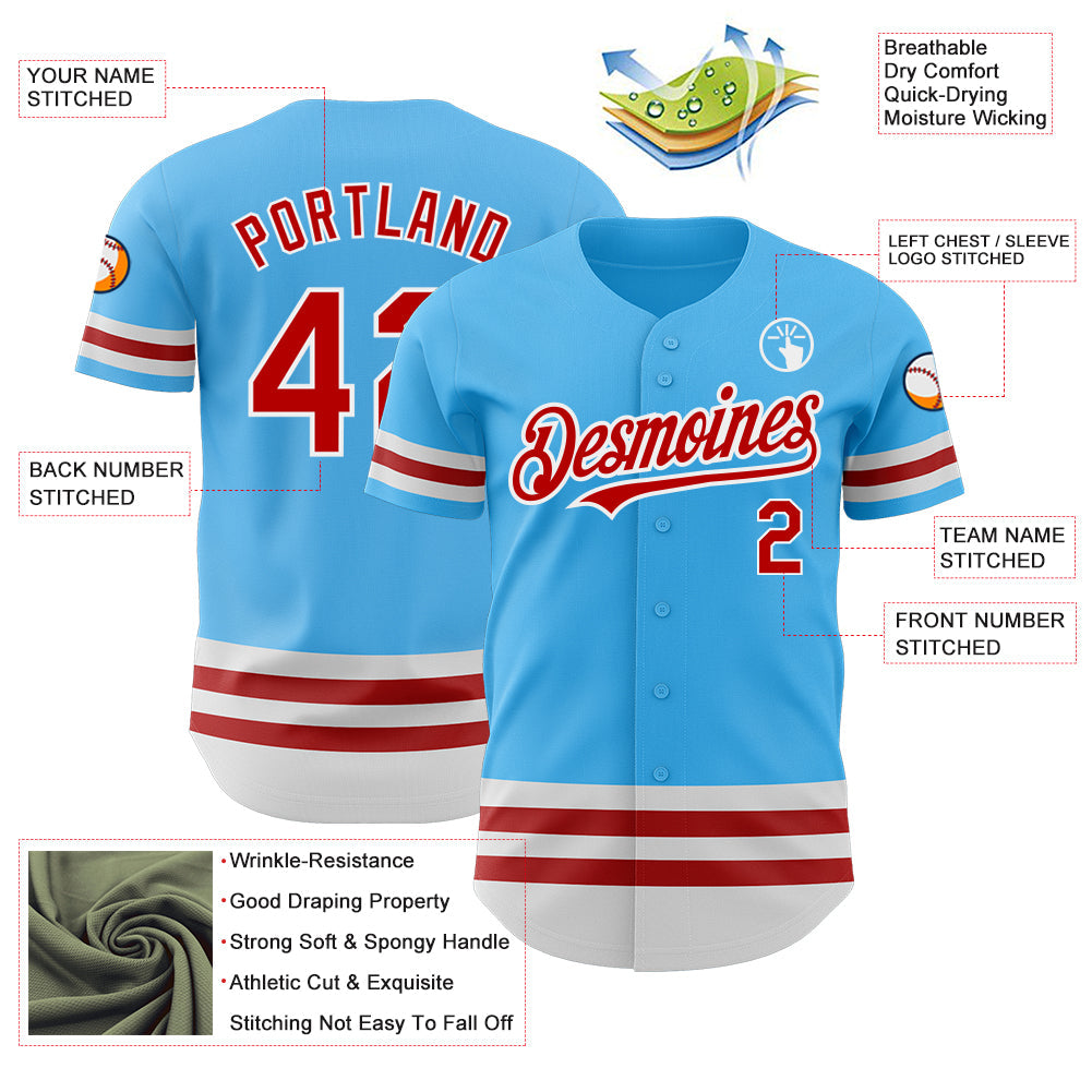 Custom Sky Blue Red-White Line Authentic Baseball Jersey view 3