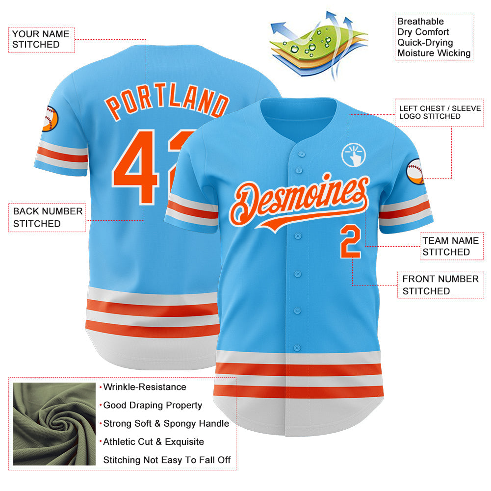 Custom Sky Blue Orange-White Line Authentic Baseball Jersey view 3