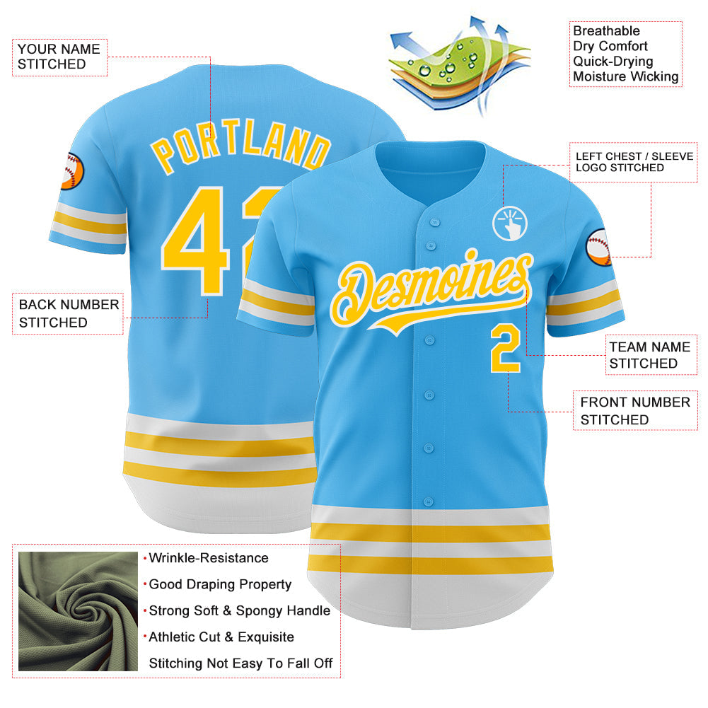 Custom Sky Blue Yellow-White Line Authentic Baseball Jersey view 3