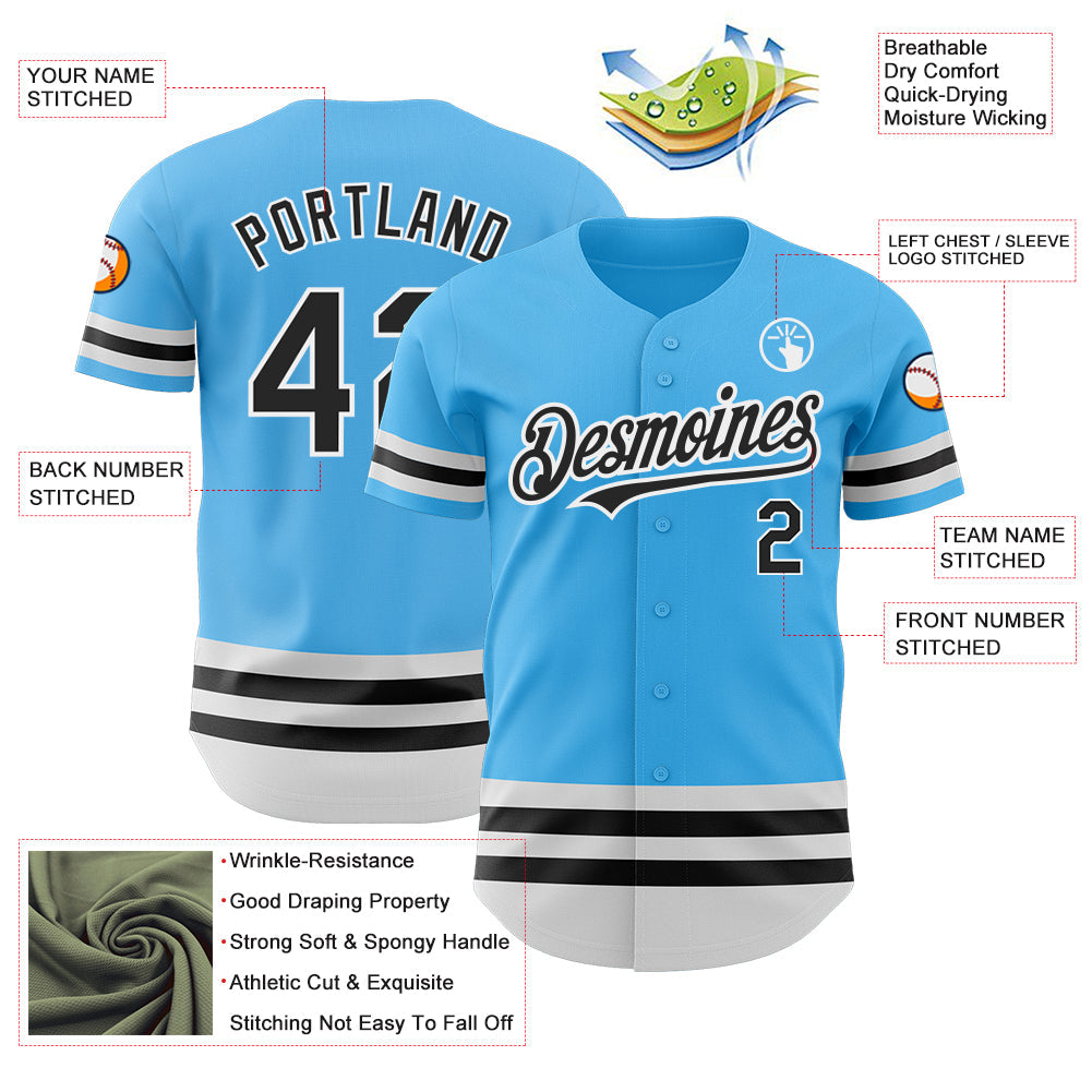 Custom Sky Blue Black-White Line Authentic Baseball Jersey view 3