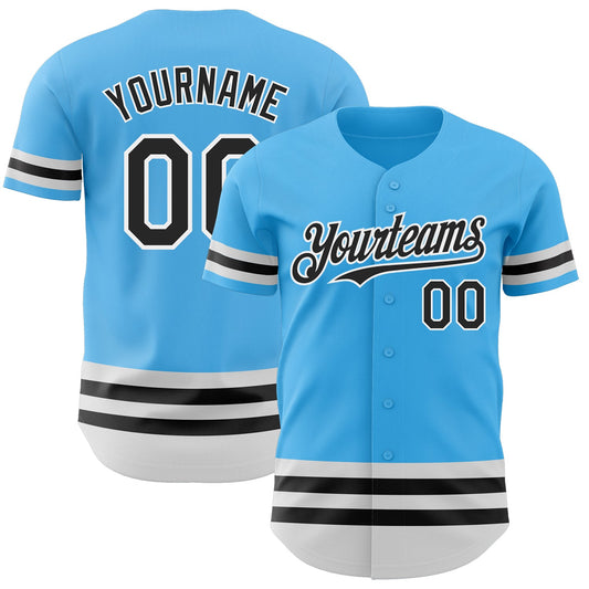Custom Sky Blue Black-White Line Authentic Baseball Jersey - Main View