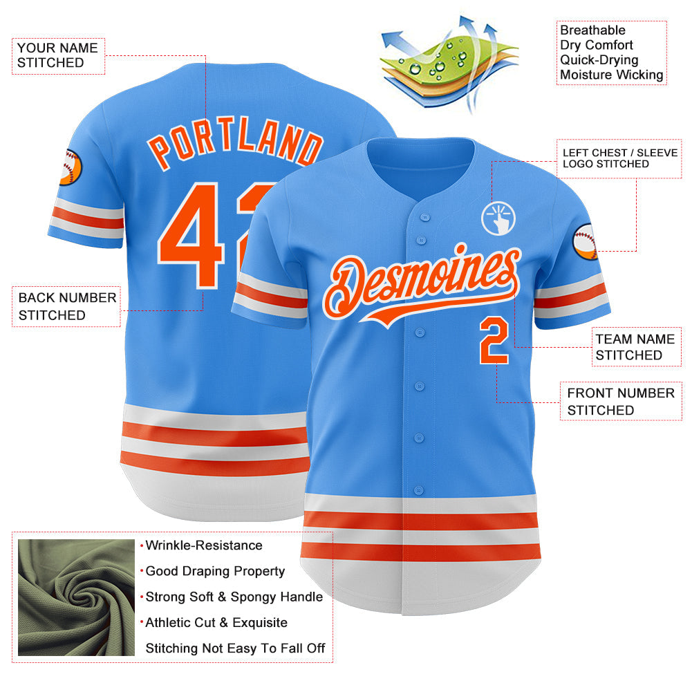 Custom Electric Blue Orange-White Line Authentic Baseball Jersey view 3
