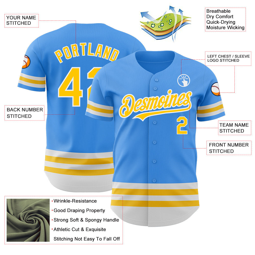 Custom Electric Blue Yellow-White Line Authentic Baseball Jersey view 3