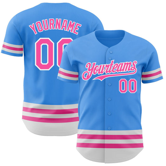 Custom Electric Blue Pink-White Line Authentic Baseball Jersey - Main View