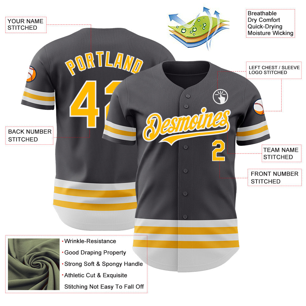 Custom Steel Gray Gold-White Line Authentic Baseball Jersey view 3