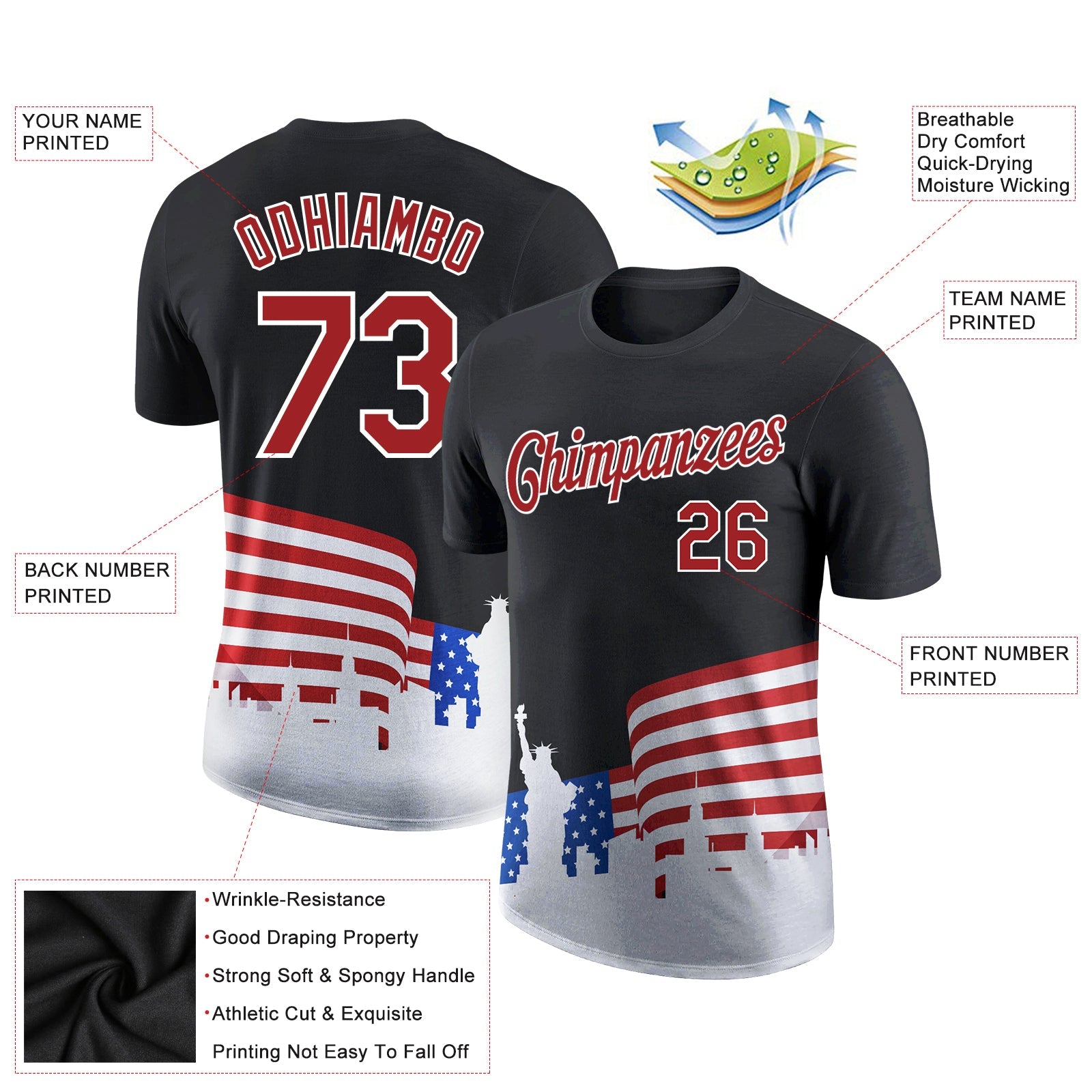 Custom Black Red-White 3D American Flag Patriotic Performance T-Shirt view 2